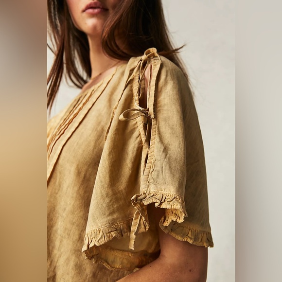 Free People Lilia Pintuck Top Medium Mustard Blouse - Picture 4 of 8